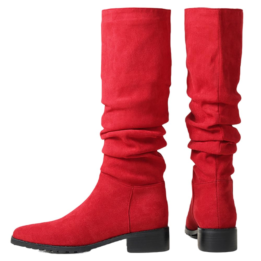 YIYA Womens Camouflage Slouchy Knee High Boots Square Toe Chunky Flat Heel Riding Combat Tall Pull On Boots