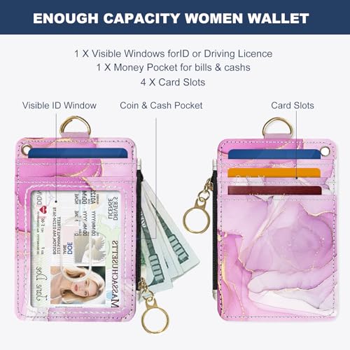 Slim Wallet Credit Card Holder, Pink Marble Pattern, RFID Wallet Women Cute Small Front Pocket Wallet With Zipper, PU Leather Thin travel RFID Blocking Card Case ID Window,Ladies Gifts2