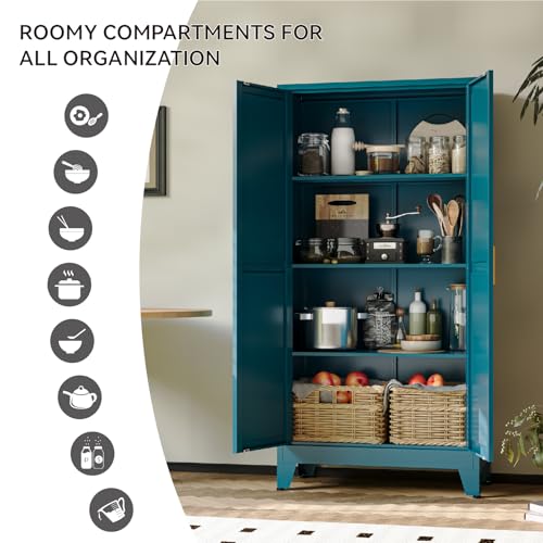Image of COFaR 61 inch Metal Pantry Cabinet in Peacock Blue, Farmhouse Storage Cabinet with Adjustable Shelves, Sturdy Freestanding Cupboard for Kitchen Organization, Bathroom & Living Room