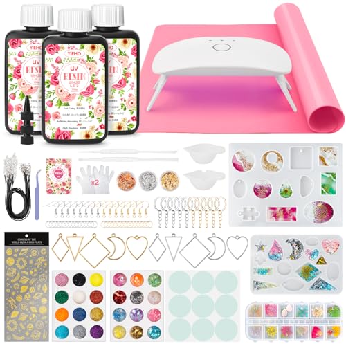 YIEHO 300g Kit Resine UV avec Lampe et Moules, Cristal Résine UV Transparente Pour la Fabrication de Bijoux DIY, Porte-clés, Boucles d'oreilles, Colliers