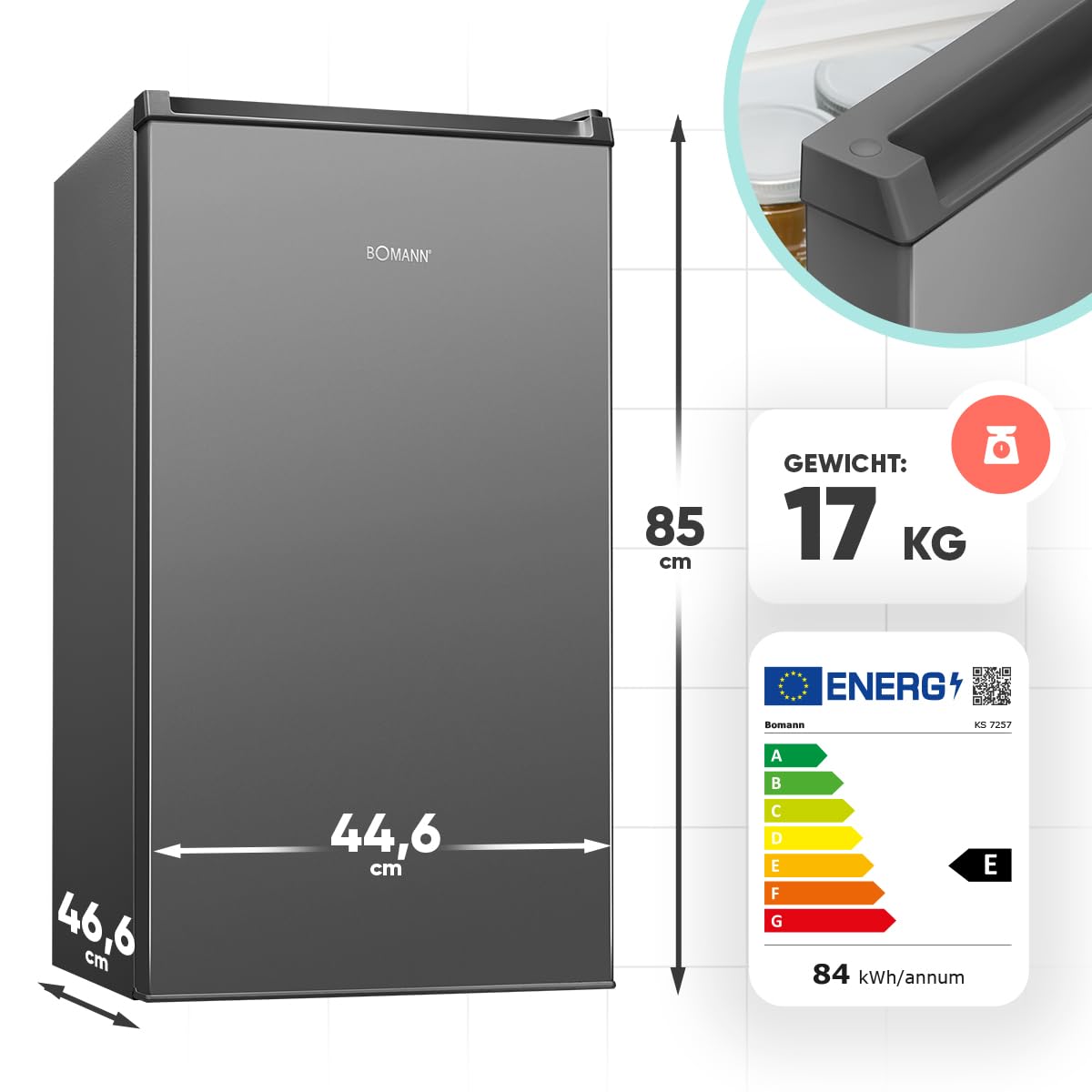 Bomann KS 7257 Kühlschrank 83 Liter Frostfach LED Beleuchtung inox
