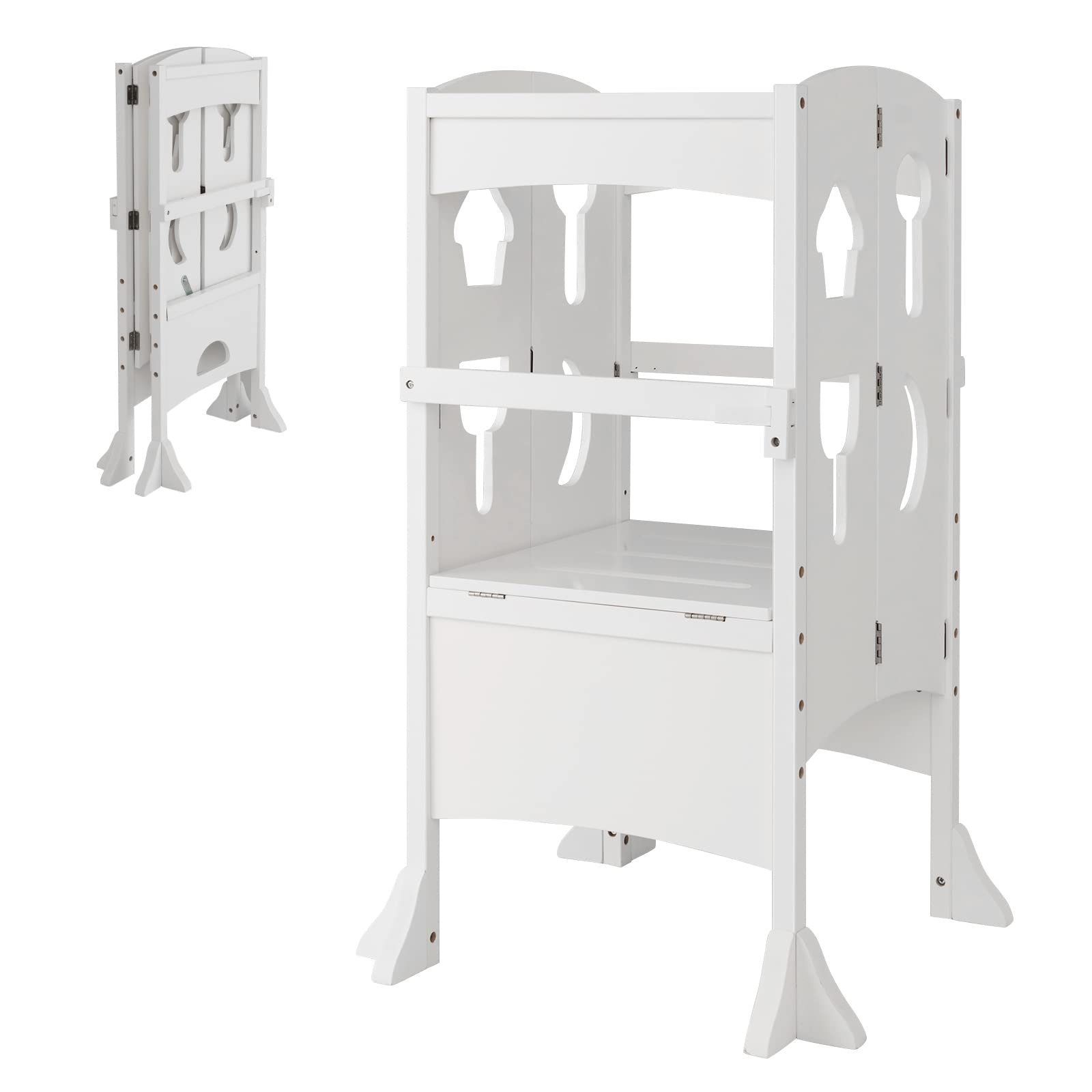COSTWAY Folding Kids Step Stool, Height Adjustable Toddler Kitchen Helper with Safety Latches and Protective Rail, Wooden Standing Learning Tower for Boys Girls (White)