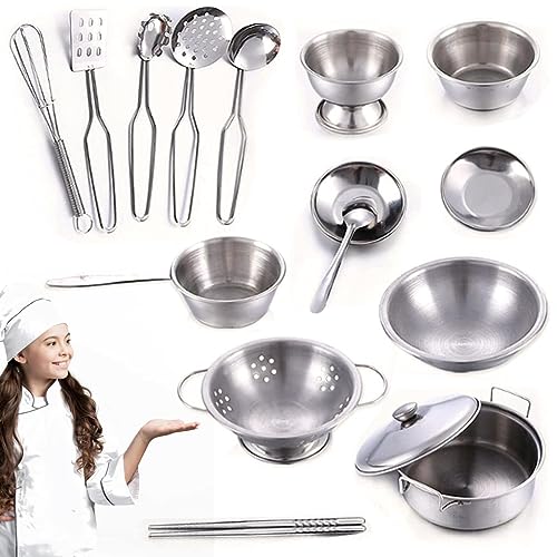 Home Smart Cookware Cooking Kitchenware Toys Stainless Steel 16 Pcs Pretend Play Kitchen Toys Mini Model Kids Children Pan Pot