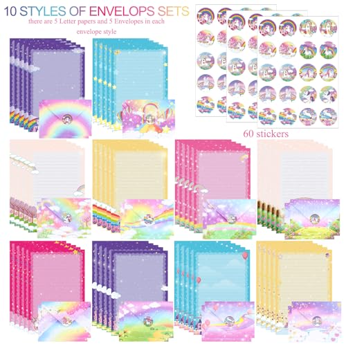 Image of TaoBary 160 Pcs Unicorn Theme Stationery Paper and Envelopes Set 50 Double Sided Lined Stationery Paper with 50 Matching Envelopes and 60 Round Dot Sticker 5.5 x 8.25'' Letter Writing Kit, 10design