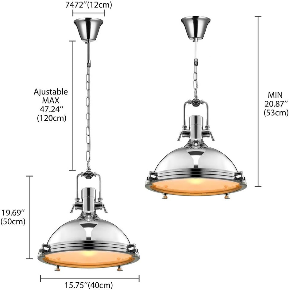 LITFAD Industrial Nautical Style Pendant Light 15.75" Wide Single Pendant Lamp Retro Ceiling Hanging Light with Frosted Diffuser Mounted Fixture Chandelier in Chrome for Restaurant Dining Room Bar