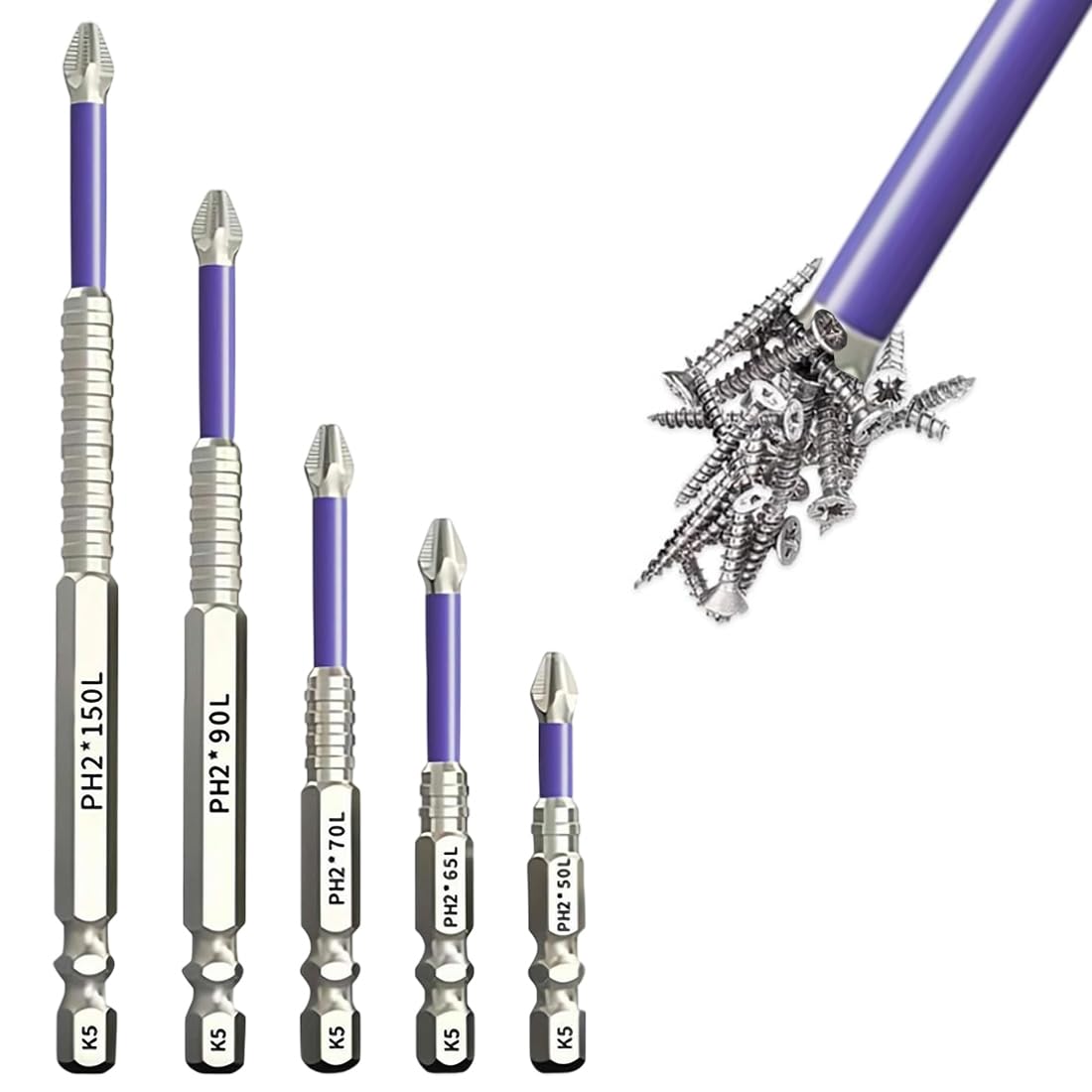 YAYNO 5 Pezzi Inserti per avvitatore Punta per cacciavite professionale in lega di acciaio PH2 ad alto magnetismo, a croce, per Riparazioni Ambito Industriale Domestico (50-65-70-90-150 Mm)