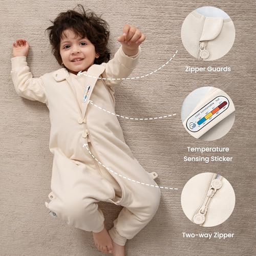 Image of kaiya baby Organic Cotton Sleep Sack with Feet,1.0 TOG Sleep Bag,18-36M | Safe Sleep Design, CPSC Tested, GOTS Certified, Organic Cotton & Camel Wool Filling, Temp Sensing Sticker, Two-Way Zipper