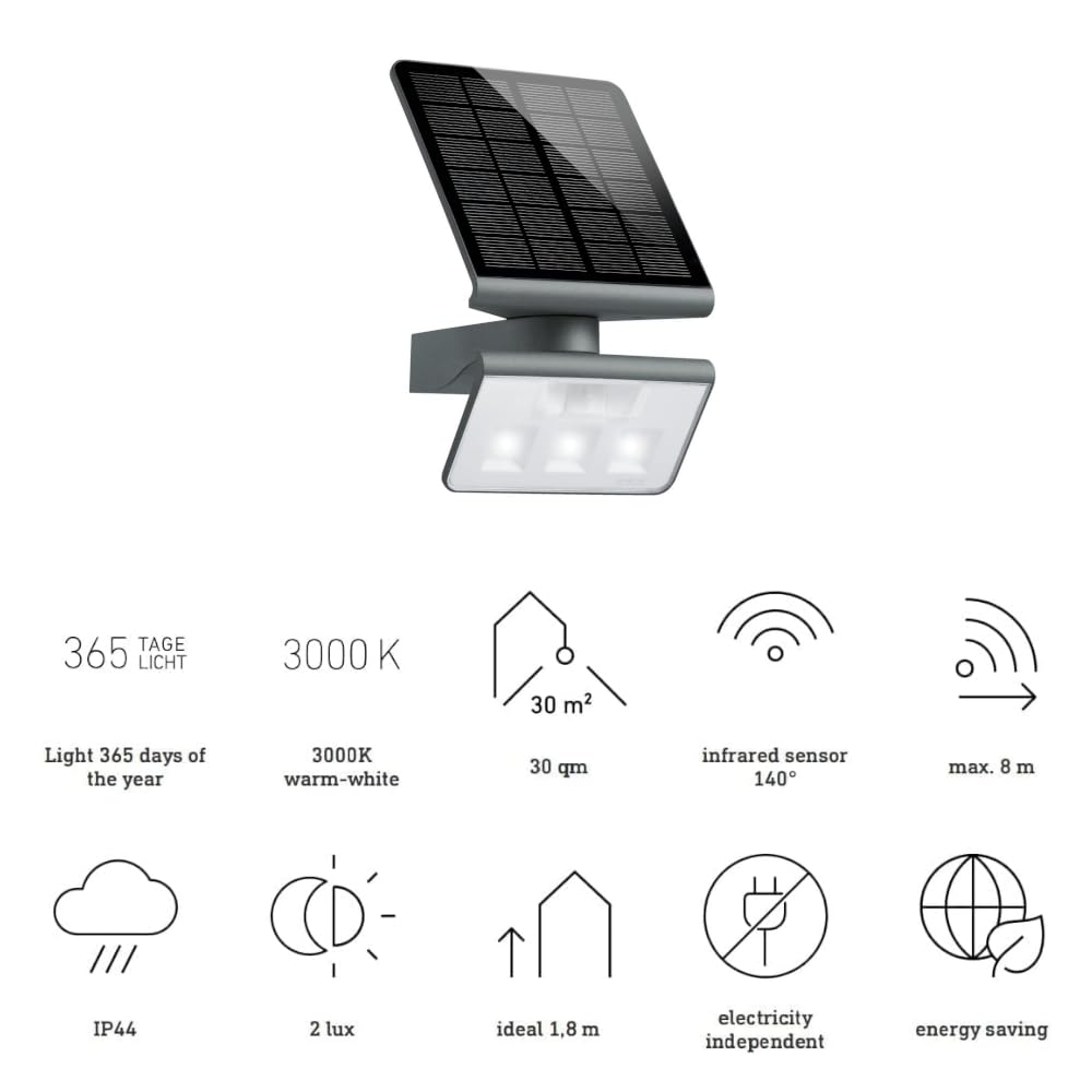 Steinel LED lampa solarna XSolar L-S ONE antracyt, kinkiet, czujnik ruchu, lampka nocna, solarna lampka ogrodowa, akumulator 2500 mAh