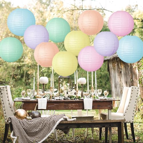 Image of Pastel Paper Lanterns Hanging Lanterns Decorative 12 Pcs Round Macaron Colored Paper Lanterns for Classroom Wedding Birthday Baby Shower Party