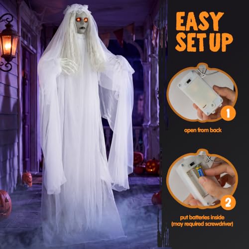 Image of JOYIN 67 inch Halloween Decorations Outdoor Life Size Bride Decor, White Ghost Haunted House Props with Creepy Sound for Garden Yard Lawn