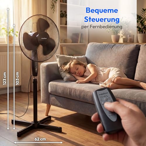 MEDION Standventilator mit Fernbedienung, drei Geschwindigkeitsstufen, 45 Watt Leistung, 36 cm, Schwenkfunktion, Oszillation, verstellbare Höhe, MD18795, schwarz 2