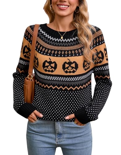 Women's Vintage Fair Isle Pullover Sweater Casual Fit Dressy Crewneck Long Sleeve Lightweight Knit Tops