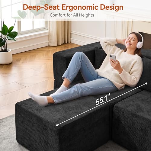 Image of MONVANE 103'' Modular Sectional Sofa, Comfy Chenille Cloud Couch with Ottoman, Modern Convertible L Shaped Couch with Deep Seat, Sectional Couches for Living Room, Bedroom and Apartment, Black