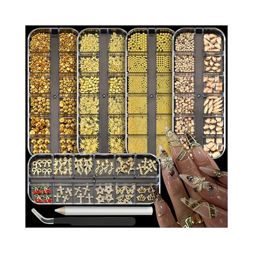 UWETIME 5 Boxes Gold Nail Charms and Gems Charm for Nails Design with Gold Nail Rhinestones Pearls Stars and Caviar Beads
