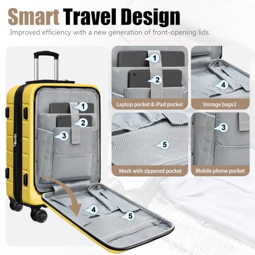 Image of KEYTANG SmileLine 3-Piece Luggage Set Lightweight Hardside Suitcase TSA Lock Spinner Wheels, 20 inch Expandable Carry-On Luggage with Quick Access Front Open Pocket, Bonus Makeup Bag,Yellow