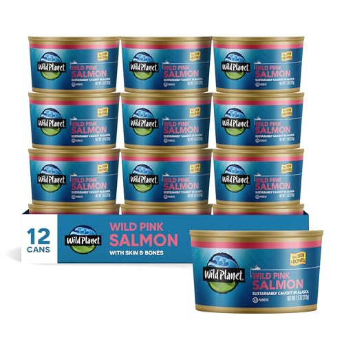 Wild Planet Wild Pink Salmon With Skin and Bones, Tinned Fish, Canned Salmon, Sustainably Wild-Caught, Non-GMO, Kosher, Gluten Free, Keto and Paleo, 7.5 Ounce (Pack Of 12)