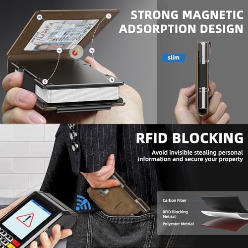 Image of Men Wallet - Money Clip Wallet Slim For Gift Men in Front Pocket 15 Cards - Metal Credit Card Case in Magnetic Flip