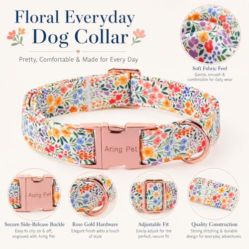 Image of ARING PET Girl Dog Collar for Puppy Small Medium Large Dogs-Wild Floral S | Cute Colorful Floral Heavy Duty Pet Collars with Metal Buckle for XS S M L XL Dogs, for Daily Walk Camping Trip Photoshoots