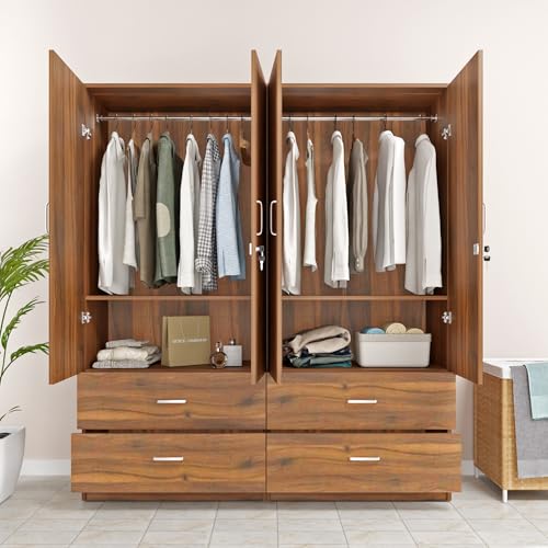 Image of VIKI Wardrobe | Wooden Almirah for 4 Door 4 Drawer with Shelves & Hanging Space Mirror Wardrobe (Brussel Walnut - 40D x 160W x 180.8H) | 1 Year Warranty | Free Assembly