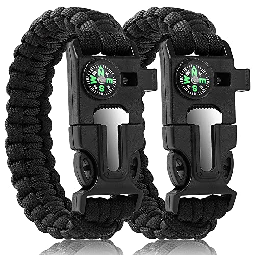 Bracelets,Survival Bracelets for Men Paracord Tactical 5-in-1 Camping Gear Kits,with 12-ft Detachable Parachute Rope,Fire Starter,Embedded Compass,Whistle&Emergency Multitools