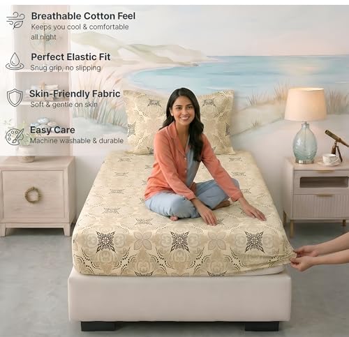 Image of BSB HOME 220 TC Cotton Fitted Single Bedsheet with 1 Pillow Cover, Soft Breathable, Elastic Fit, Fade Resistant, Easy Care - 36 x 72 + 6 Inches (Sandstone Damask)