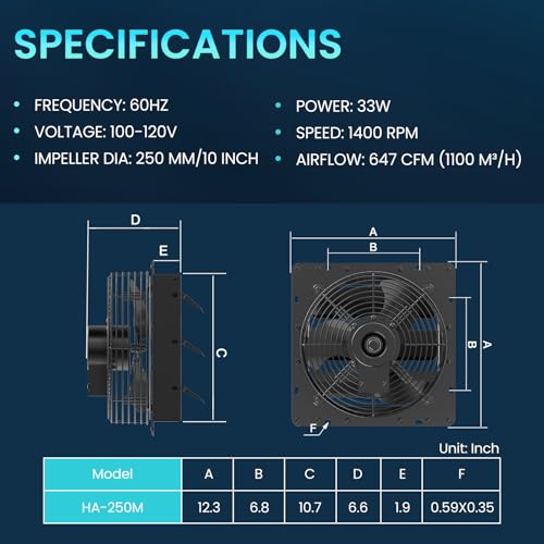 Image of HG Power 10 Inch Shutter Exhaust Fan, 647CFM Quiet Garage Exhaust Fan with 8 Foot Long ON /OFF Switch Cable for Chicken Coop, Shed, Basement, Gable, Kitchen, Attic Ventilation Use, Black