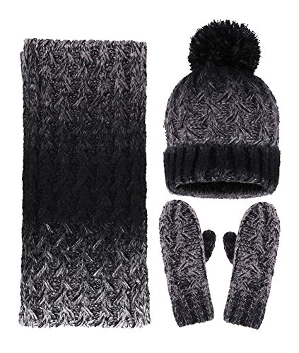Arctic Paw Adult 3 Piece Winter Bundle - Beanie Scarf and Mitten Set, Black/Grey