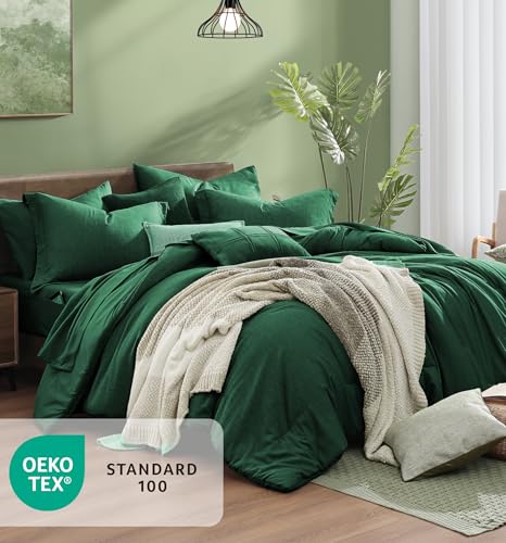 Image of Monbix Queen Comforter Set - 7 Pieces Cationic Dyeing Emerald Green Bed in a Bag Queen Bedding Sets with Comforter, Sheets, Pillowcases & Shams, Reversible Bedding Comforters Sets