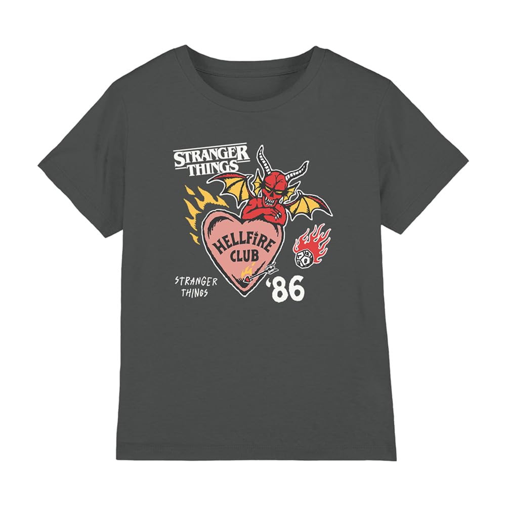 Stranger Things Hellfire Hearts Kids T Shirt, Charcoal