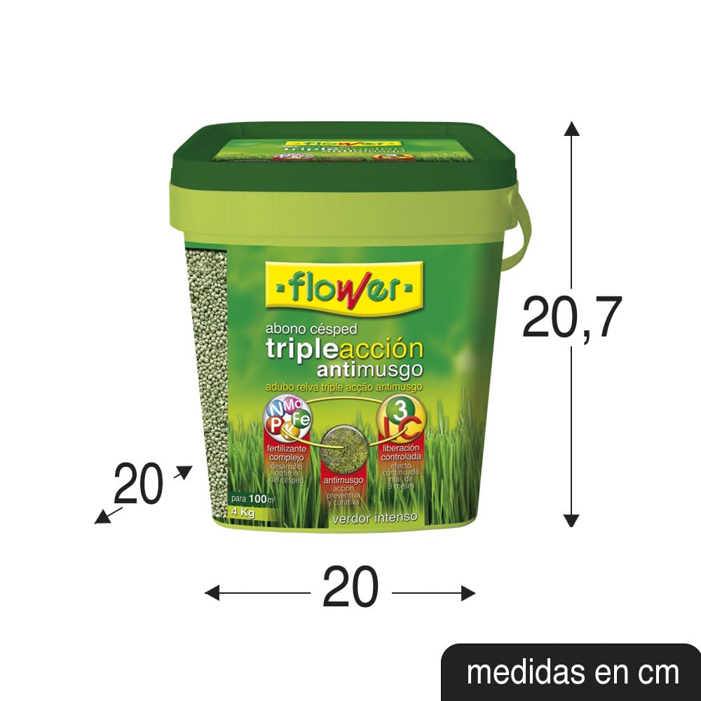 Flower - Abono Césped Triple Acción 4kg | Fertilizante Complejo Anti-Musgo | Efecto Prolongado Más de 3 Meses | Para 100m2, No Aplica Color, 20x20x20.7 cm, Material Abono