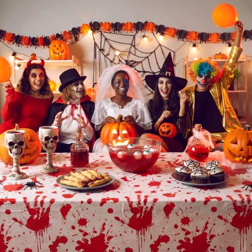 Image of Kochorie 100 Ft x 54 Inch Halloween Bloody Party Tablecloth Roll with Cutter Box Waterproof Plastic Horror Bloody Zombie Table Cover for Halloween Spooky Party Decorations. White