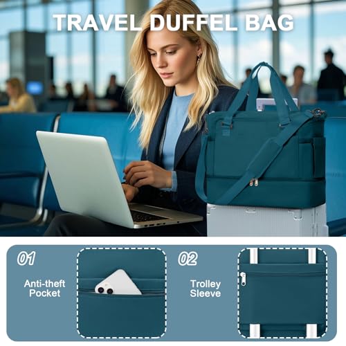 Large Travel Duffle Vacuum Seal Bags for Clothing with Hand Pump Gym Weekender Bags for Women Overnight Hospital Tote Carry On Luggage Space Saver Vacuum Storage Bags with Shoe Compartment PeacockBlue4