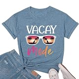 Vacay Mode Shirts Women Cute Sunglasses and Palm Trees Graphic Summer Beach Outfits Classic Crew Neck Short Sleeve Girl Hawaiian Shirts(Ink Blue-M)