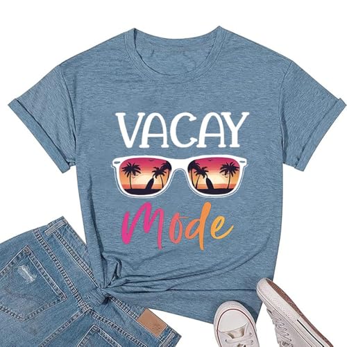 Image of Vacay Mode T Shirts for Women Summer Beach Hawaii Vacation Short Sleeve Tops Holiday Cruise Getaway T Shirts