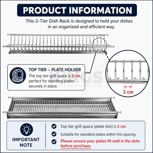 Image of KINGS Stainless Steel 2 Tier Dish Rack & Drainer | Strong, Rust Proof Utensil Stand with Drip Tray Pullout for Quick Drying | Suitable for Cabinet Internal Width 73.5cm to 77cm