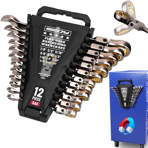 SEDY Premium 12-Piece SAE Flex-Head Ratchet Wrenches Set 1/4-7/8 with Magnetic Organizer Cr-V Steel Ratcheting Wrench Set with 72 Teeth 180 Flex Head Ratchet Combination Wrench Set for Repair