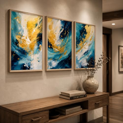 Image of Livin'luxe Set of 3 Blue Gold Abstract Wall Photo with Frame for Living Room Bedroom Hall Office Decor, Premium Wooden Synthetic Frame Modern Artwork Gift