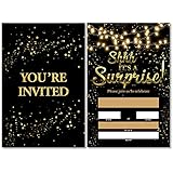 Soiceu Real Gold Foil Shhh It's a Surprise Birthday Party Invitations with Envelopes Set of 20 Black Gold Glitter Surprise Party Invites for Women Men