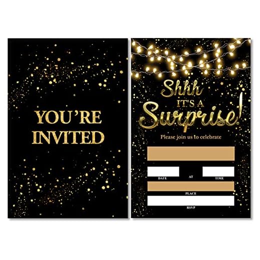 Soiceu Real Gold Foil Shhh It's a Surprise Birthday Party Invitations with Envelopes Set of 20 Black Gold Glitter Surprise Party Invites for Women Men