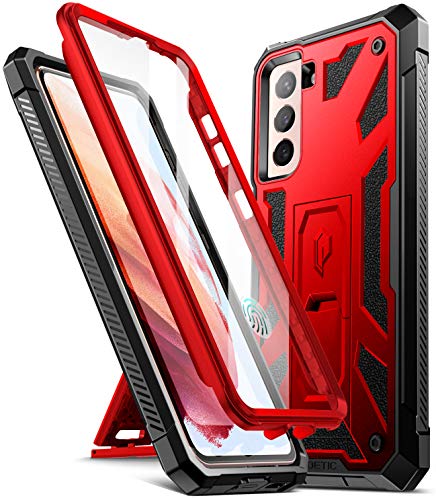 Greatest Product Poetic Spartan Case for Samsung Galaxy S21 5G 6.2 inch, Built-in Screen Protector Work with Fingerprint ID, Full Body Rugged Shockproof Protective Cover Case with Kickstand, Metallic Red