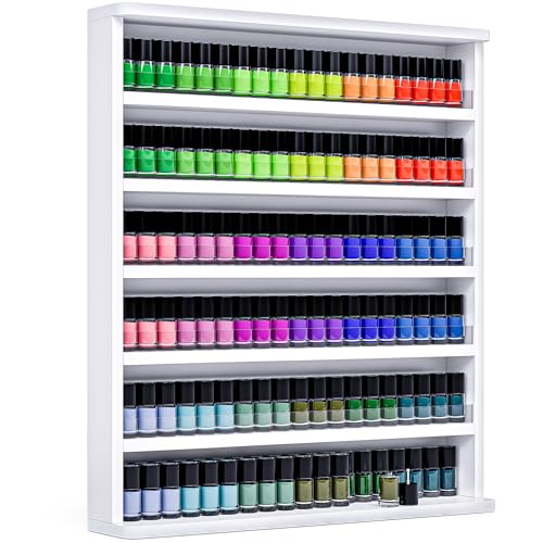Kikihouse Wood Nail Polish Rack Wall Mount Nail Polish Organizer 6 Layers Nail Salon Storage Display Shelves Perfume Bottles Essential Oil Holder w/Acrylic Baffle White