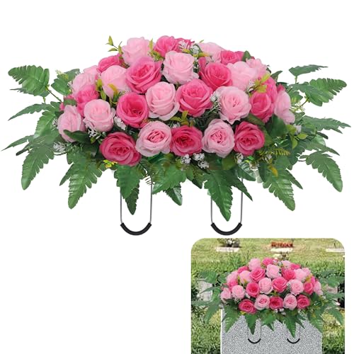 Hibsotco Cemetery Headstone Flower Saddle,Artificial Cemetery Flower Saddles for Graves,Artificial Rose Cemetery Memorial Flowers for Outdoor Tombstone Headstone Decorations (Pink)