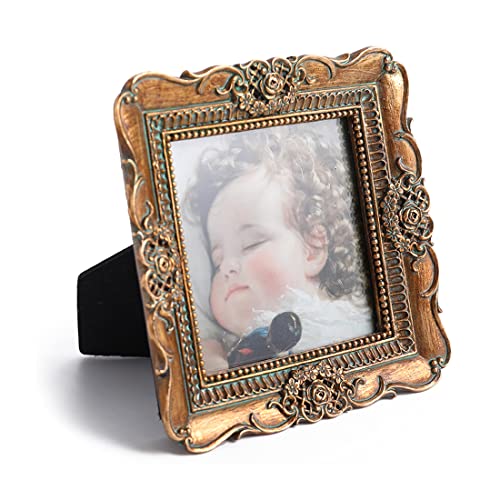 Vinlife Picture Frames 3X3 Square Vintage Frame Antique Picture Frames Wallet Size Picture Frames Set Small Ornate Frames Antique Gallery Wall Art,Tabletop And Wall Mount Embossed Floral,Bronze Gold #TOP4