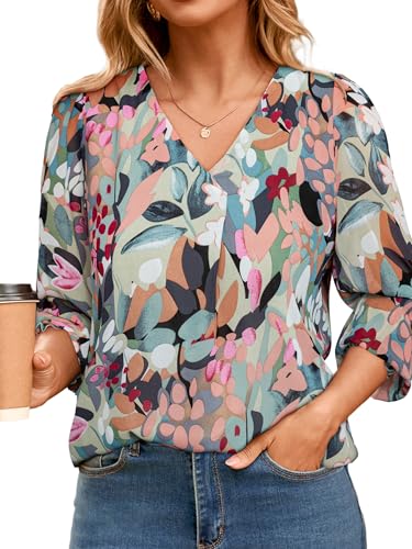 Simplee Womens Dressy Long Sleeve Blouses Fall Floral Lightweight Pullover Loose Fit V Neck Casual Business Work Top Shirt