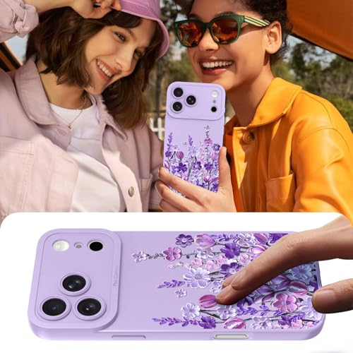 Image of Designed for iPhone 17 Pro Case Floral for Women Girls, Purple | Cute Oil Painting Flower Pattern Liquid Silicone Phone Case [Full Camera Protection] Slim Soft TPU Protective Cover