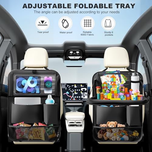 Image of 2Pack Car Backseat Organizer with Foldable Table Tray,6 Storage Pockets Car Storage Organizer with Tablet Holder,Car Seat Back Protectors Kick Mats Travel Accessories (Black)