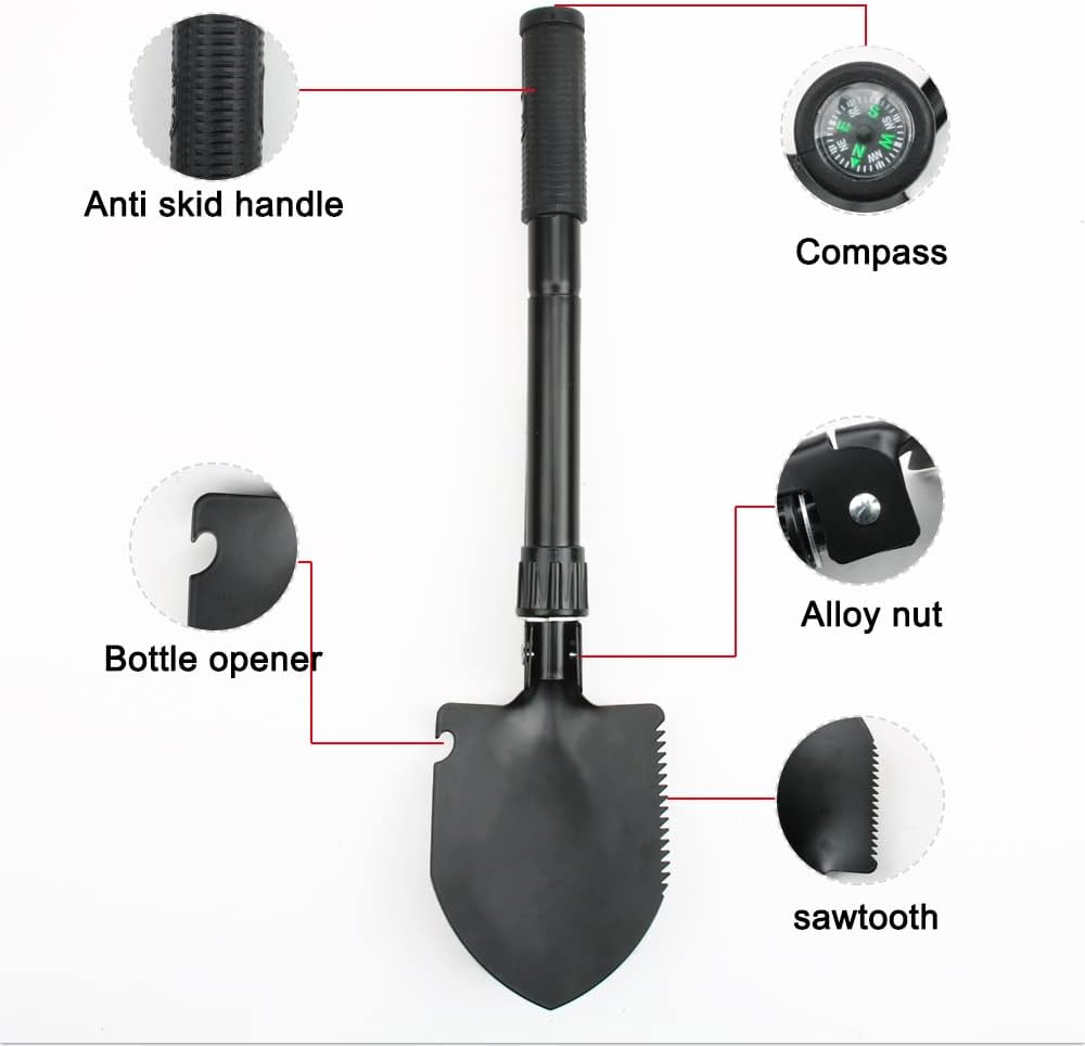 Military Small Folding Camping Shovel, Mini Compact Pickaxe with Carrying Pouch for Gardening, Off Road, Hunting, Car Emergency, Remove Ice (Black)