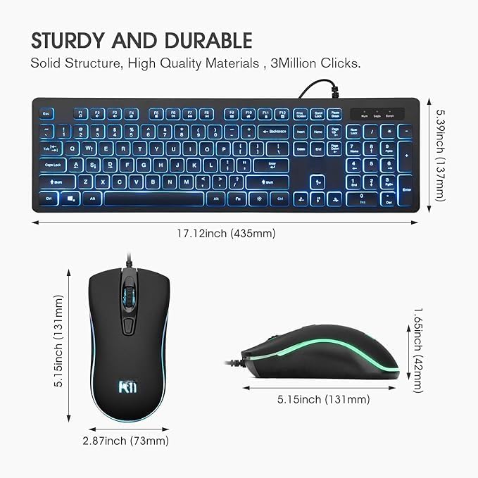 Image of Color Backlit Wired Keyboard & Mouse Combo USB Quiet-Typing Keyboard, RGB Optical Mouse, Compatible with PC /Laptop for School, Office, Business & Gaming