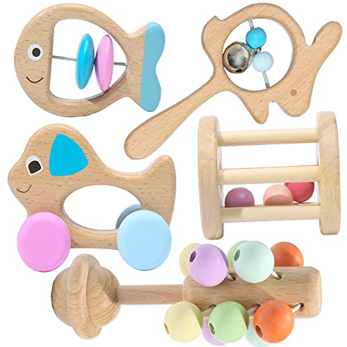 Image of Montessori Mama Wooden Toys for Babies 5-Piece Collection - Multi-Sensory Learning Rattle for Babies - Infant Wooden Toy Set Baby Weights Toys - Teether