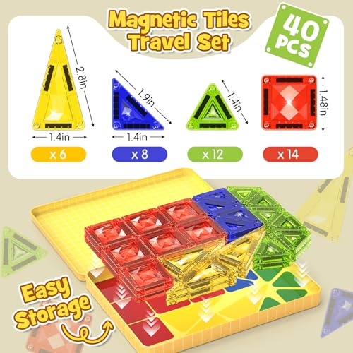Image of Mini Magnetic Tiles Travel Set - 40PCS Diamond Texture Magnetic Building Blocks for Kids, 10% Thicker & Portable Yellow Metal Storage Box, Montessori STEM Educational Toys Gift for Ages 3+